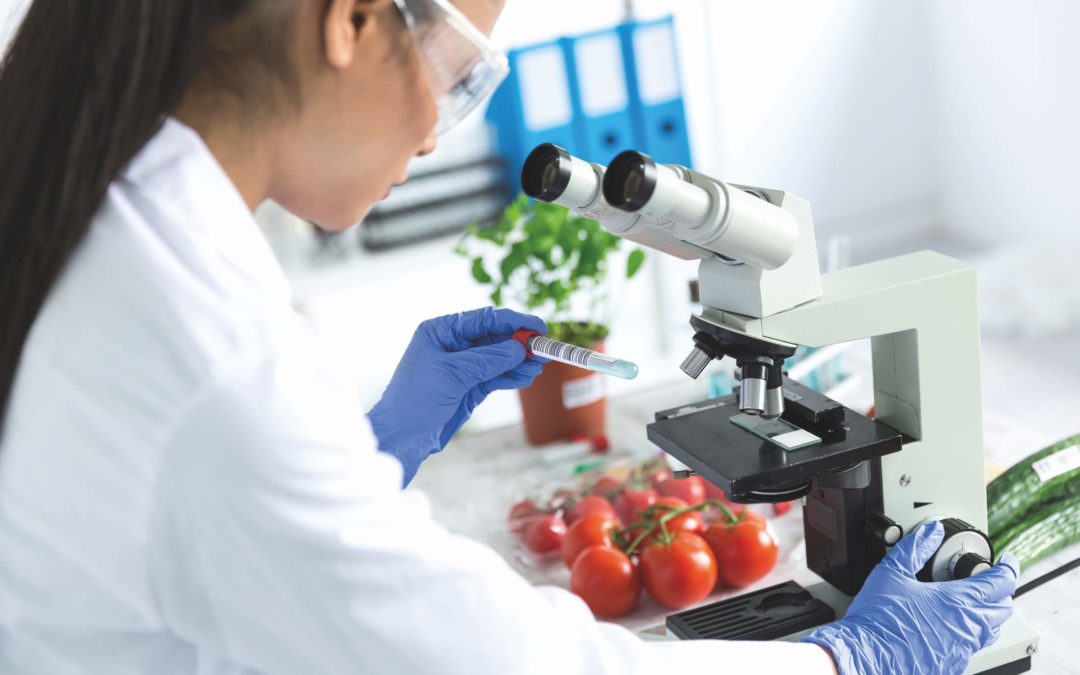 Female microbiologist using microscope in laboratoty